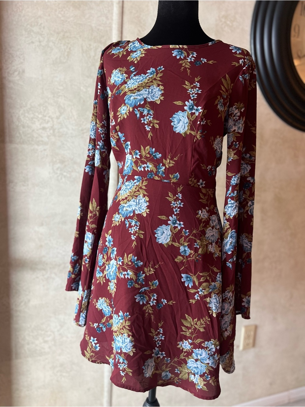 Forever 21 Burgundy Floral Long-Sleeve A-Line Dress